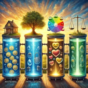 Metáfora visual das quatro caixas d’água da vida: equilíbrio entre finanças, conhecimento, emoções e propósito.