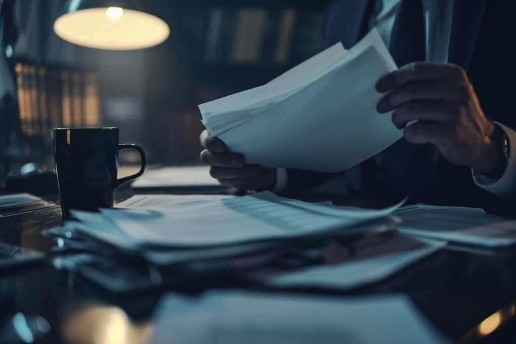 Demandas no trabalho Demandas no trabalho representadas por profissional analisando documentos em ambiente corporativo