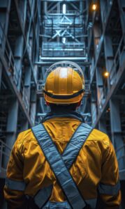 Cvat blog | início - cvat: cultura organizacional, liderança e muito mais 1 Trabalhador visto de costas, usando capacete amarelo com viseira e jaqueta de segurança com faixas refletivas, em uma estrutura industrial iluminada por luzes azuis e amarelas.