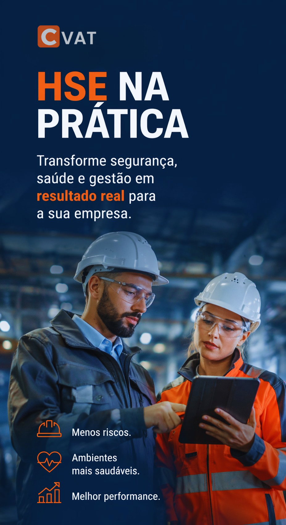 Campanha hse com profissionais de capacete em ambiente industrial
